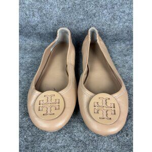 Tory Burch Minnie Travel Ballet Flats Shoes Womens 8.5 Tan Nude Leather Logo